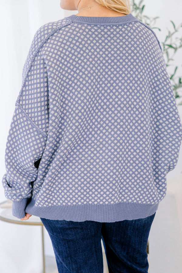 Chic Soul plus size clothing, blue and cream abstract pattern long sleeve sweater