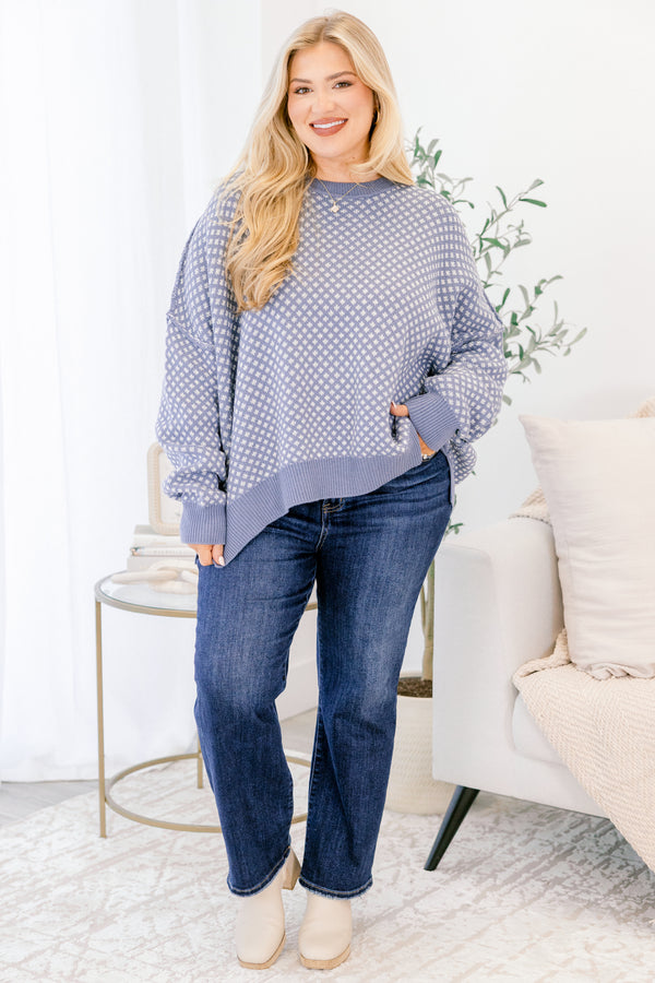 Chic Soul plus size clothing, blue and cream abstract pattern long sleeve sweater