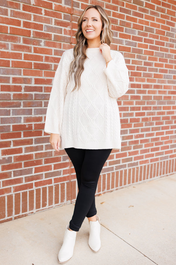 Chic Soul plus size clothing, cream colored tunic length sweater with textured detailing
