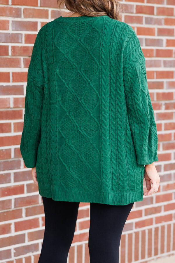 Chic Soul plus size clothing, hunter green colored tunic length textured sweater