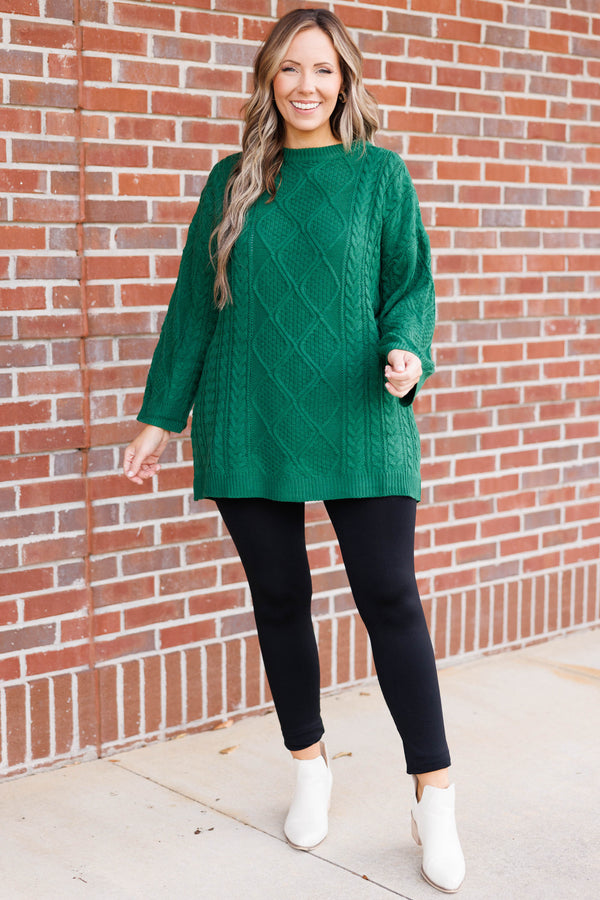 Chic Soul plus size clothing, hunter green colored tunic length textured sweater