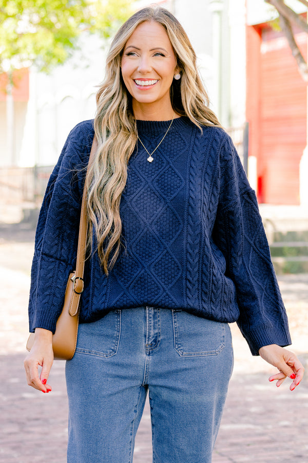 Chic Soul plus size clothing, navy long sleeve sweater with a woven braided texture