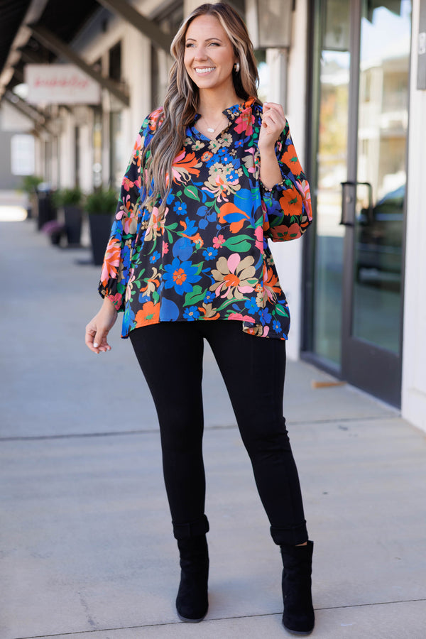 Chic Soul plus size clothing, black and floral multi colored blouse top with balloon sleeves