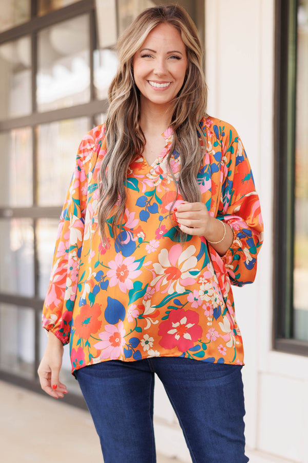Chic Soul plus size clothing, mustard colored top with v neck and floral pattern with balloon sleeves