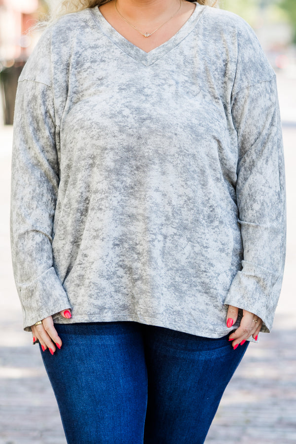 Chic Soul plus size clothing, gray acid wash long sleeve tee top with slit detail on sides with v neckline
