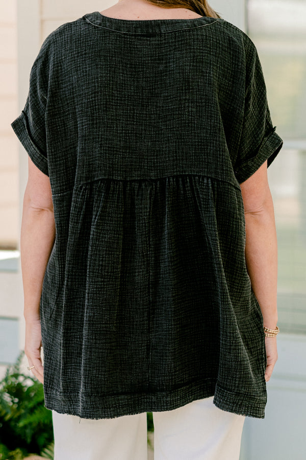 Chic Soul plus size clothing, ash black short sleeve quarter button up detail with v neckline with cuff sleeves