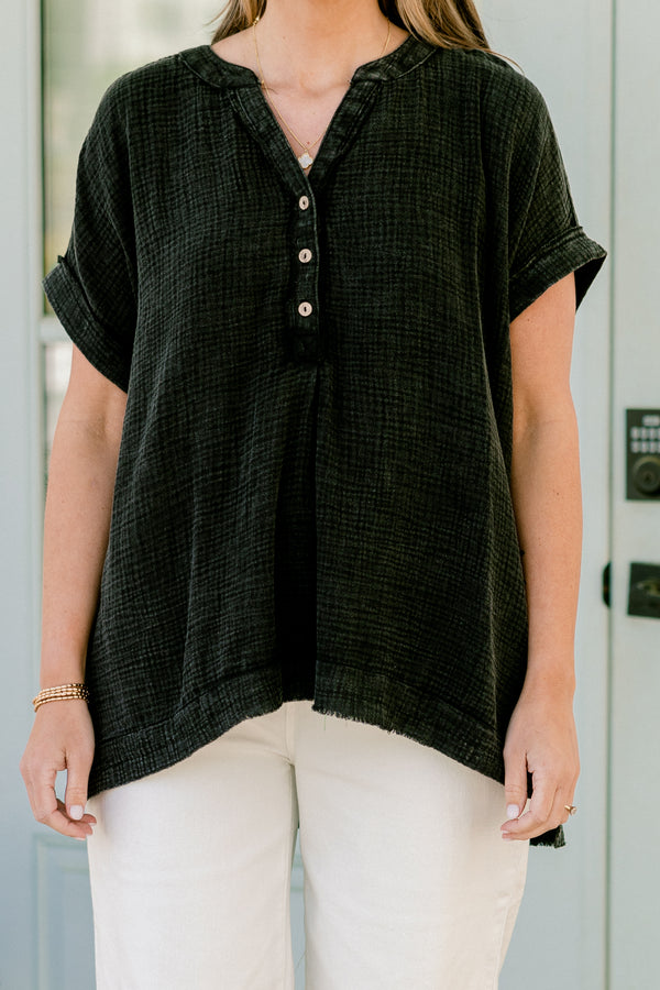 Chic Soul plus size clothing, ash black short sleeve quarter button up detail with v neckline with cuff sleeves