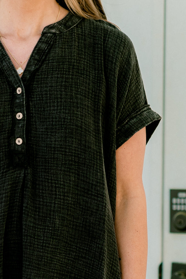 Chic Soul plus size clothing, ash black short sleeve quarter button up detail with v neckline with cuff sleeves