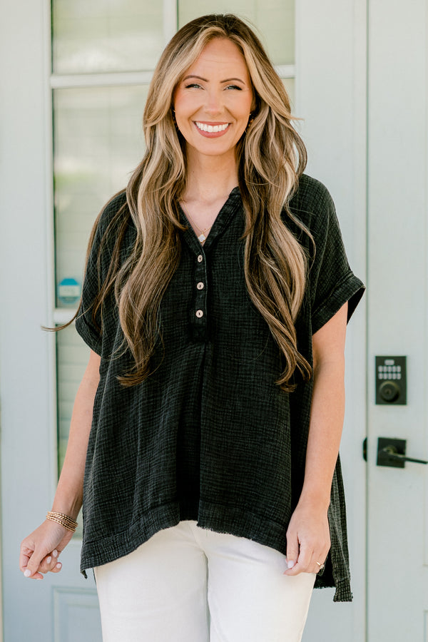 Chic Soul plus size clothing, ash black short sleeve quarter button up detail with v neckline with cuff sleeves