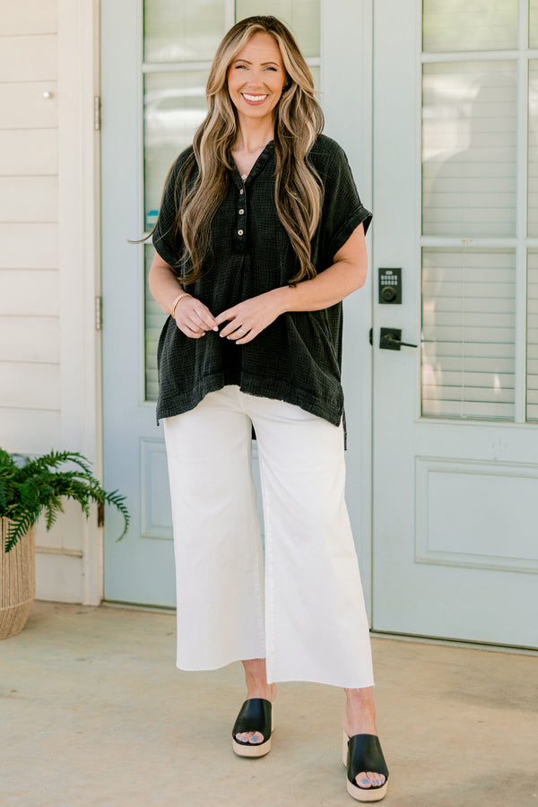 Chic Soul plus size clothing, ash black short sleeve quarter button up detail with v neckline with cuff sleeves