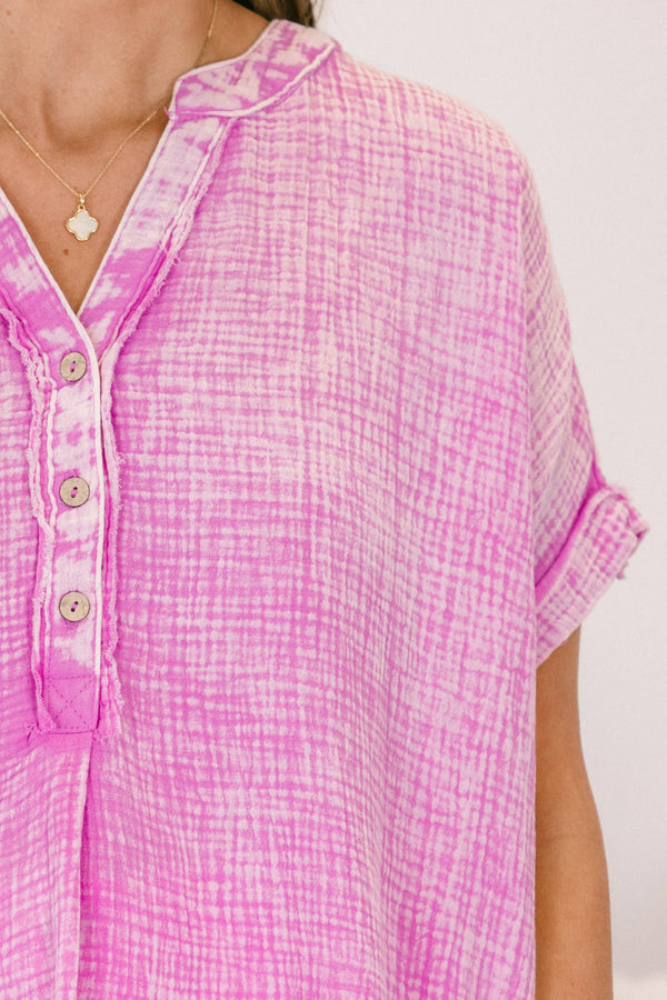 Chic Soul plus size clothing, short-sleeve cuffed high-low hemline bright mauve pink mineral washed top with a buttoned v-neckline 