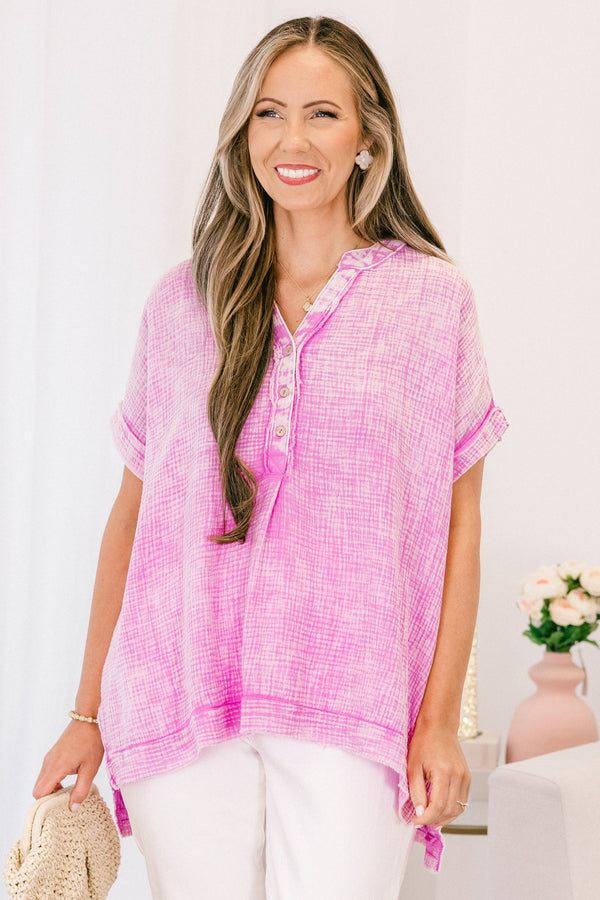 Chic Soul plus size clothing, short-sleeve cuffed high-low hemline bright mauve pink mineral washed top with a buttoned v-neckline 