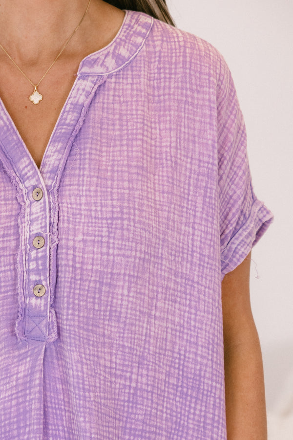 Chic Soul plus size clothing, short-sleeve lavender purple waffle knit top with a buttoned v-neckline and a high-low-hemline  