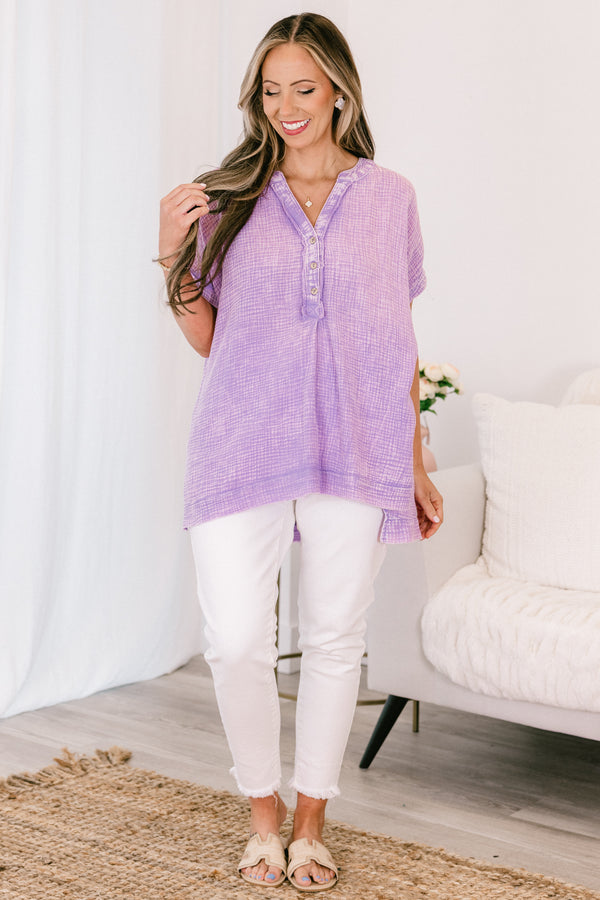 Chic Soul plus size clothing, short-sleeve lavender purple waffle knit top with a buttoned v-neckline and a high-low-hemline  