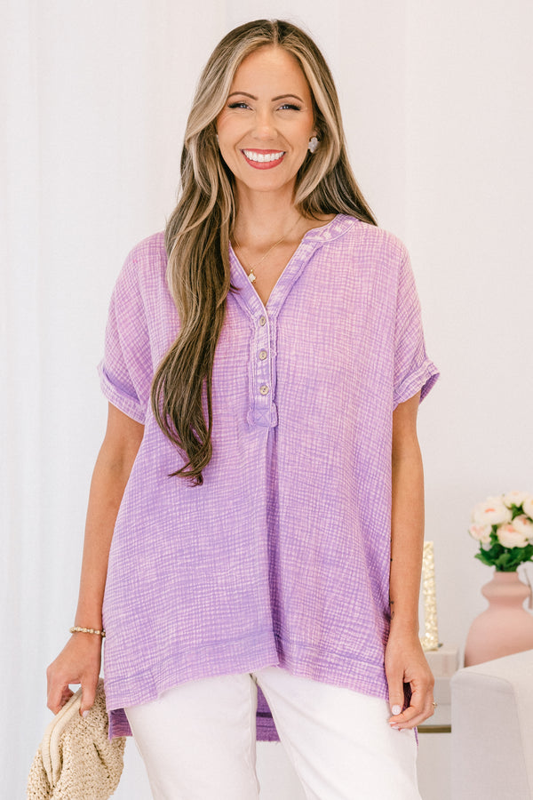 Chic Soul plus size clothing, short-sleeve lavender purple waffle knit top with a buttoned v-neckline and a high-low-hemline  