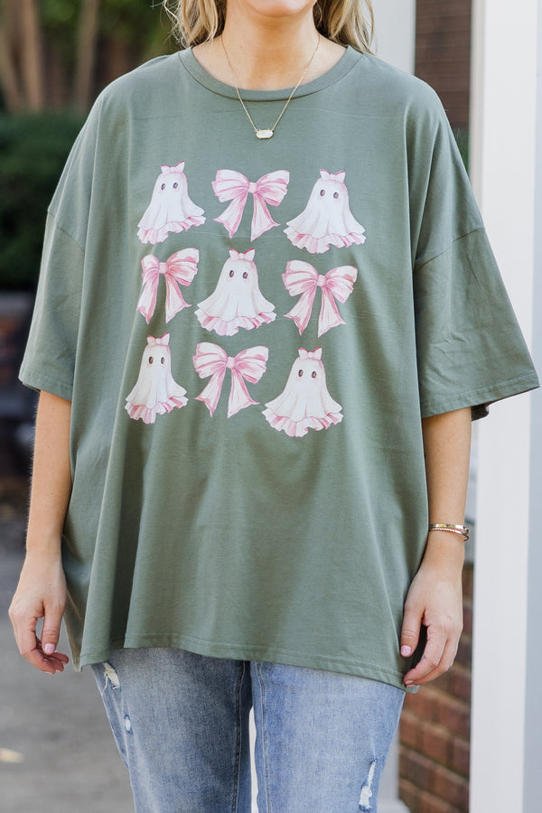 Chic Soul plus size clothing, short-sleeve moss green boyfriend tee with graphic art of pink bows and pink ghosts 
