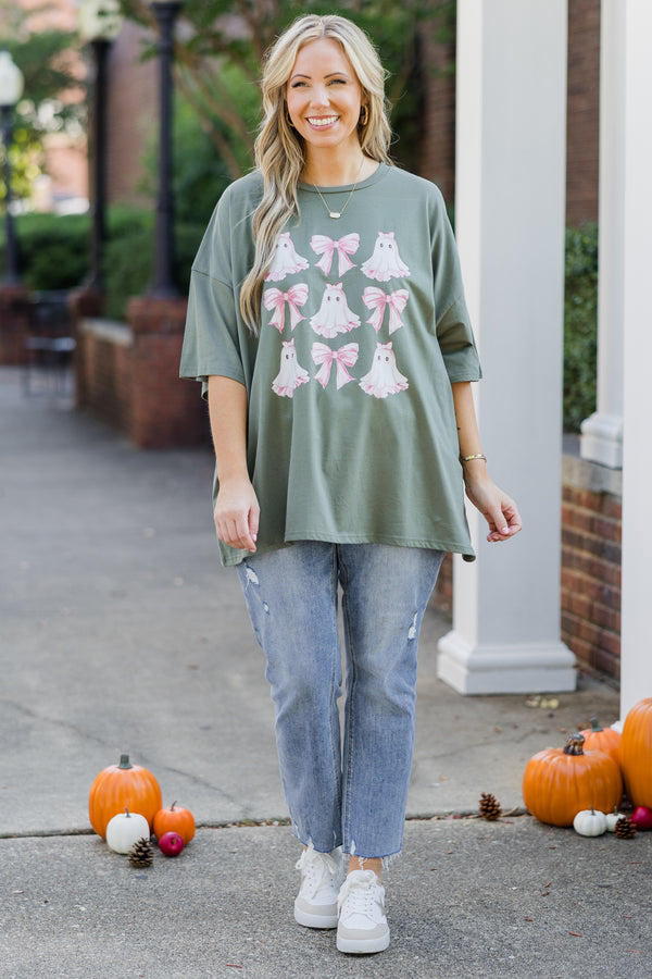 Chic Soul plus size clothing, short-sleeve moss green boyfriend tee with graphic art of pink bows and pink ghosts 