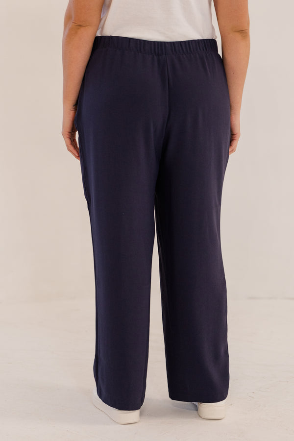 Chic Soul plus size clothing, ink navy straight leg pant with elastic back waistband with button closure in front with pockets