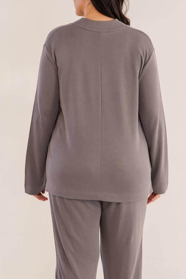 Chic Soul plus size clothing, castle rock grey v neck a-line long sleeve flowy top