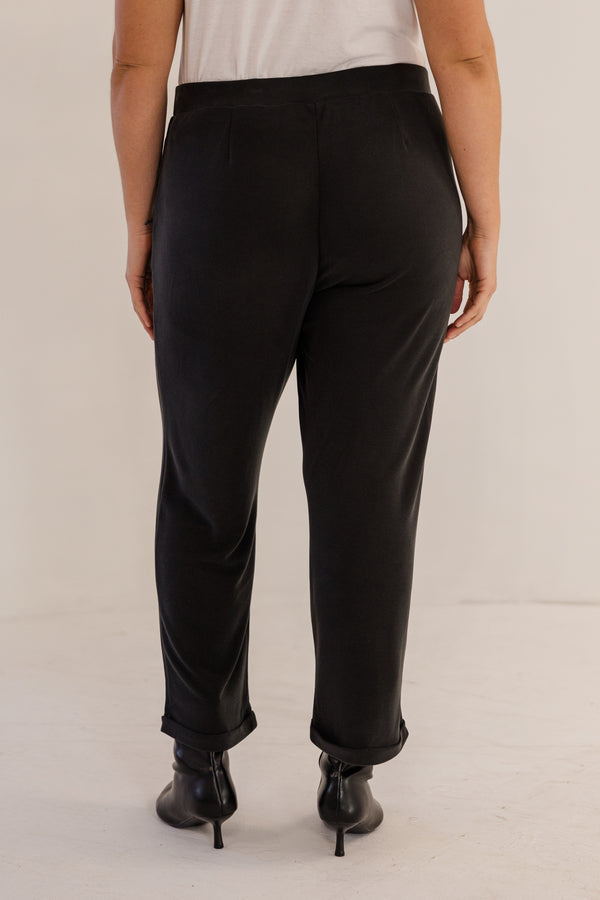 Chic Soul plus size clothing, black slim fit tapered ankle pant with pintuck and cuffed ankle detail