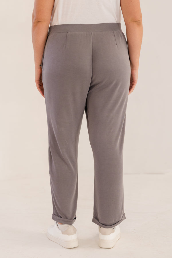 Chic Soul plus size clothing, castle rock grey slim fit tapered ankle pant with pintuck and cuffed ankle detail