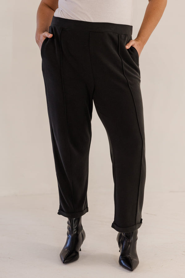 Chic Soul plus size clothing, black slim fit tapered ankle pant with pintuck and cuffed ankle detail