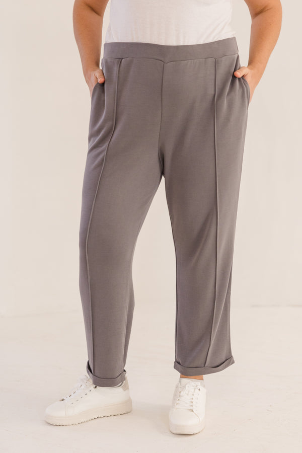 Chic Soul plus size clothing, castle rock grey slim fit tapered ankle pant with pintuck and cuffed ankle detail
