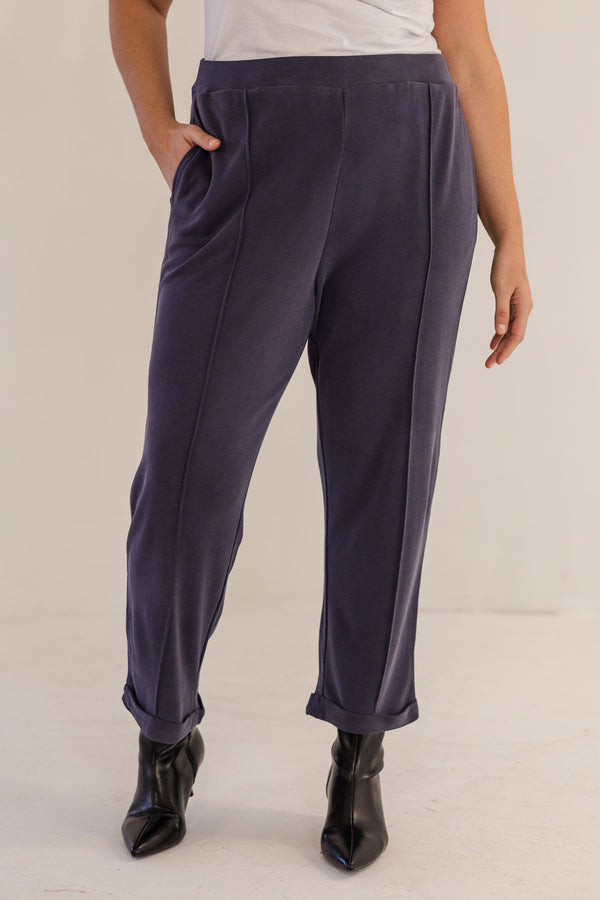 Chic Soul plus size clothing, ink navy slim fit tapered ankle pant with pintuck and cuffed ankle detail