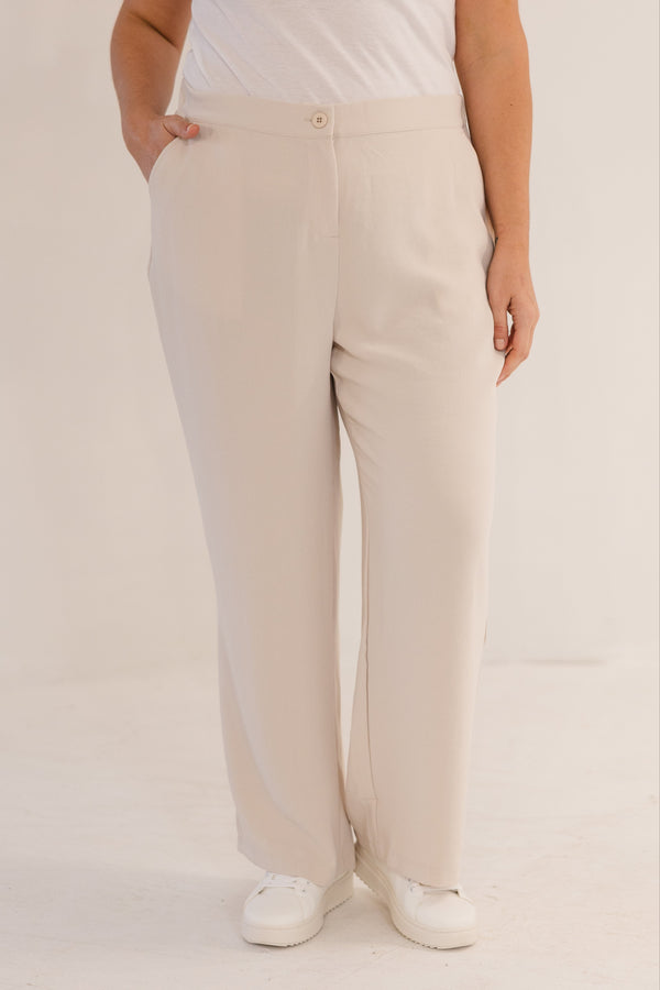 Chic Soul plus size clothing, stone straight leg pant with elastic back waistband with button closure in front with pockets