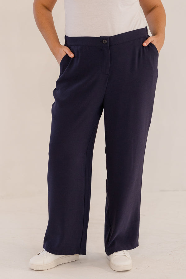 Chic Soul plus size clothing, ink navy straight leg pant with elastic back waistband with button closure in front with pockets