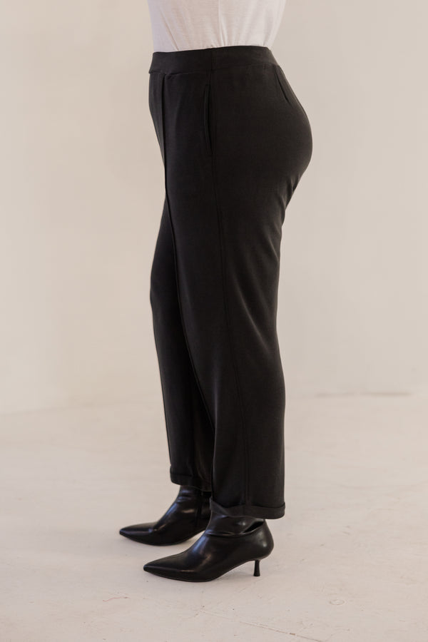 Chic Soul plus size clothing, black slim fit tapered ankle pant with pintuck and cuffed ankle detail