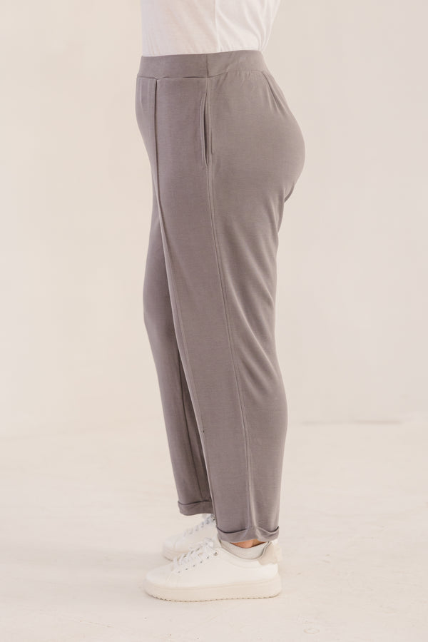 Chic Soul plus size clothing, castle rock grey slim fit tapered ankle pant with pintuck and cuffed ankle detail