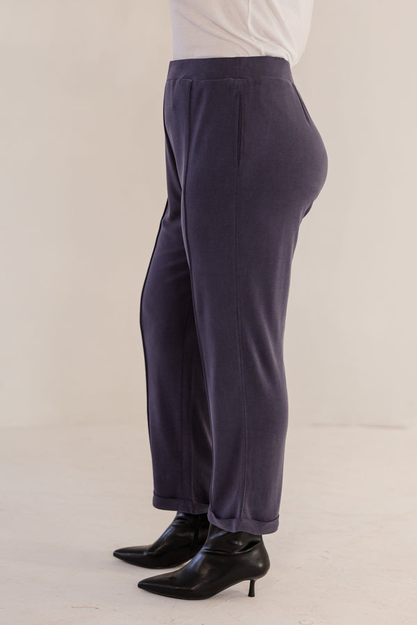 Chic Soul plus size clothing, ink navy slim fit tapered ankle pant with pintuck and cuffed ankle detail