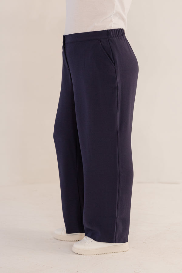 Chic Soul plus size clothing, ink navy straight leg pant with elastic back waistband with button closure in front with pockets