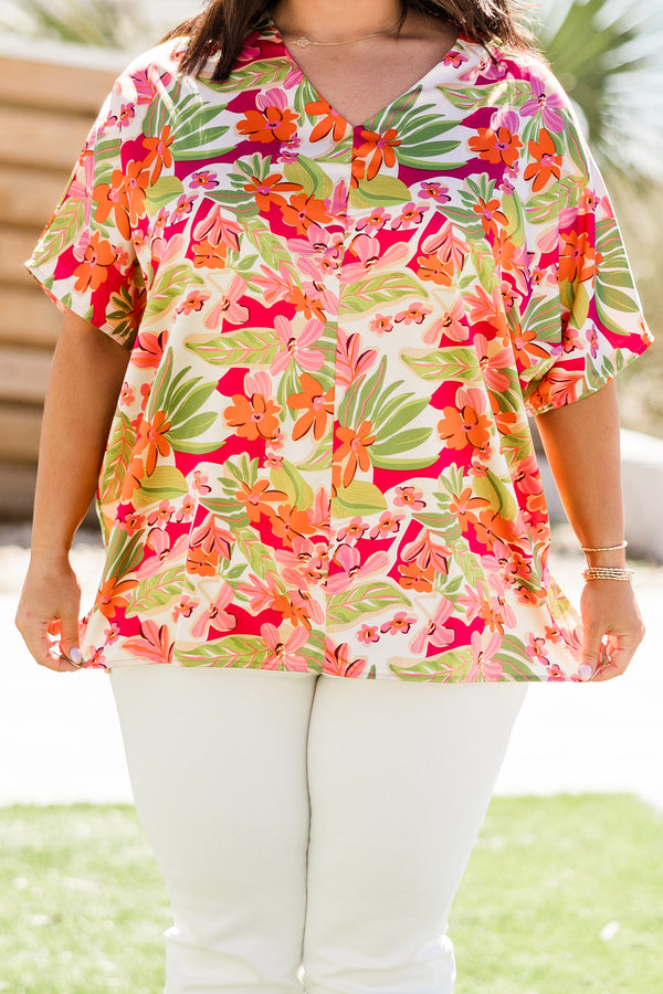 Chic Soul plus size clothing, short-sleeve pink top with a v-neckline and a pink multi-colored tropical floral pattern