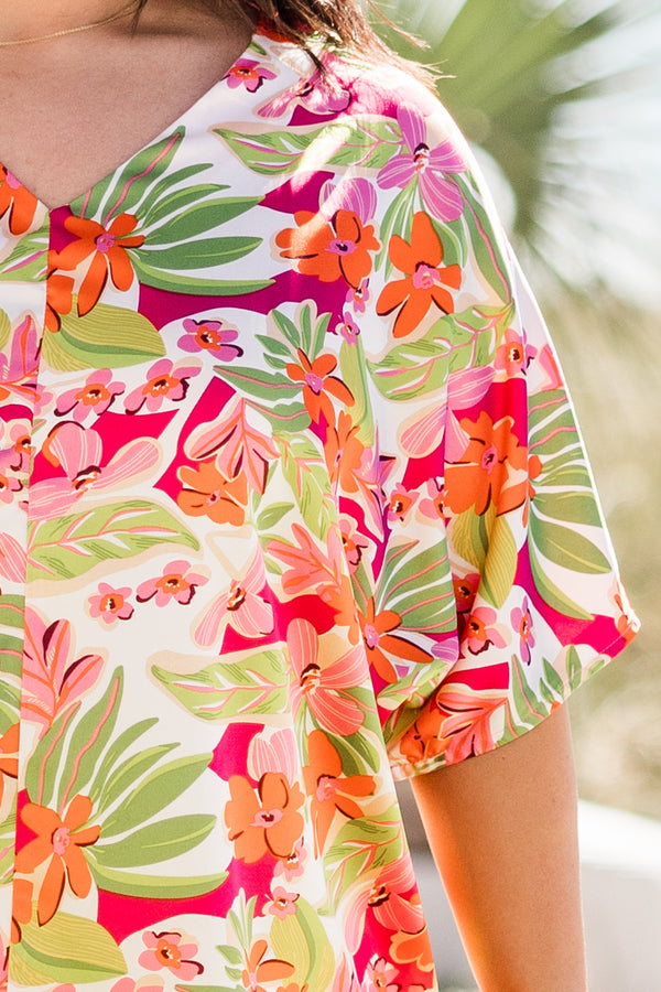 Chic Soul plus size clothing, short-sleeve pink top with a v-neckline and a pink multi-colored tropical floral pattern