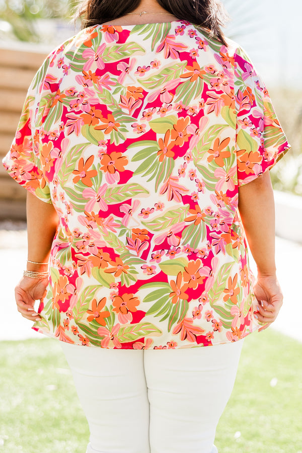 Chic Soul plus size clothing, short-sleeve pink top with a v-neckline and a pink multi-colored tropical floral pattern