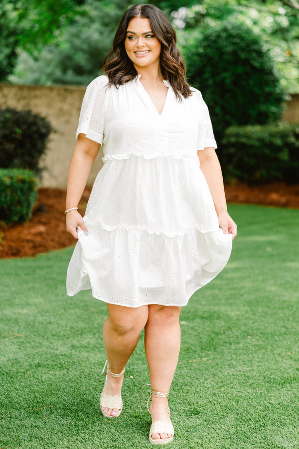 Chic Soul Plus size clothing, White embroidered babydoll dress with V-neck 
