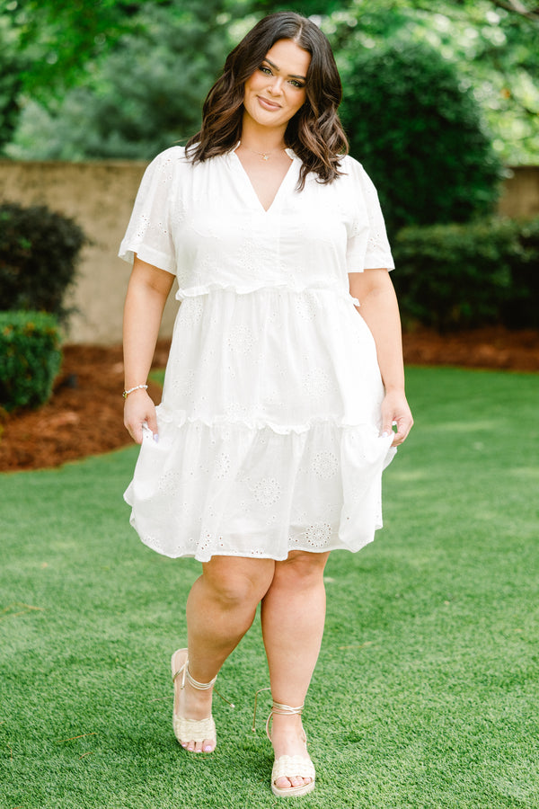 Chic Soul Plus size clothing, White embroidered babydoll dress with V-neck 