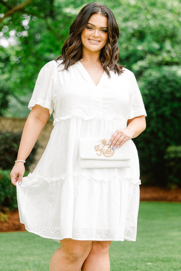 Chic Soul Plus size clothing, White embroidered babydoll dress with V-neck 