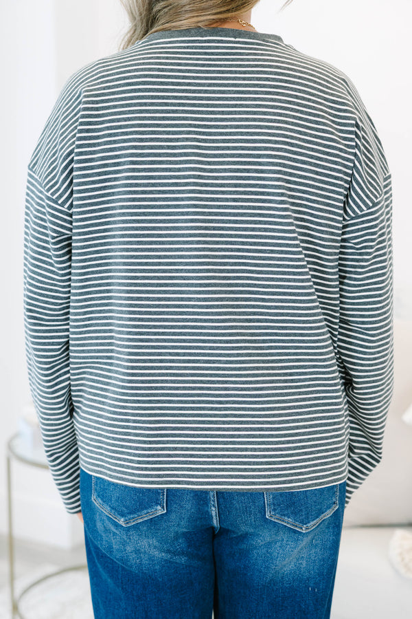 Plus Size charcoal and white horizontal striped long sleeve top with a crew neckline.