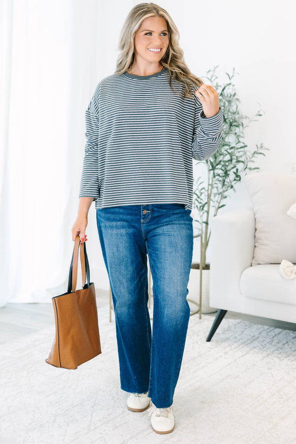Plus Size charcoal and white horizontal striped long sleeve top with a crew neckline.