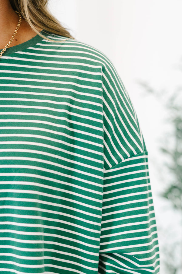 Plus Size green and white striped long-sleeve crewneck top with a relaxed fit and dropped shoulders.