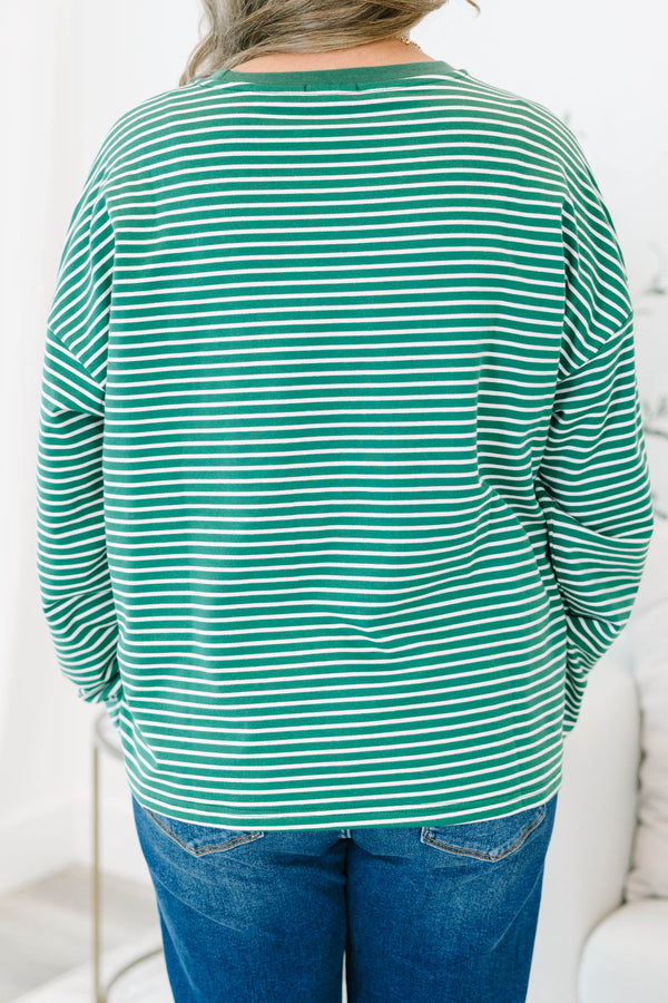 Plus Size green and white striped long-sleeve crewneck top with a relaxed fit and dropped shoulders.