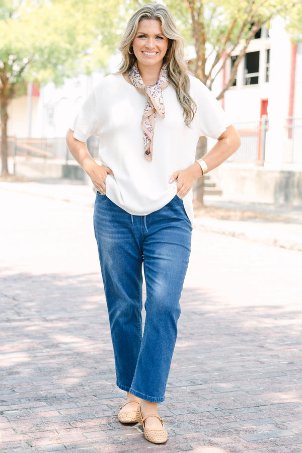 Plus Size dark wash straight-leg jeans with an elastic drawstring waistband.