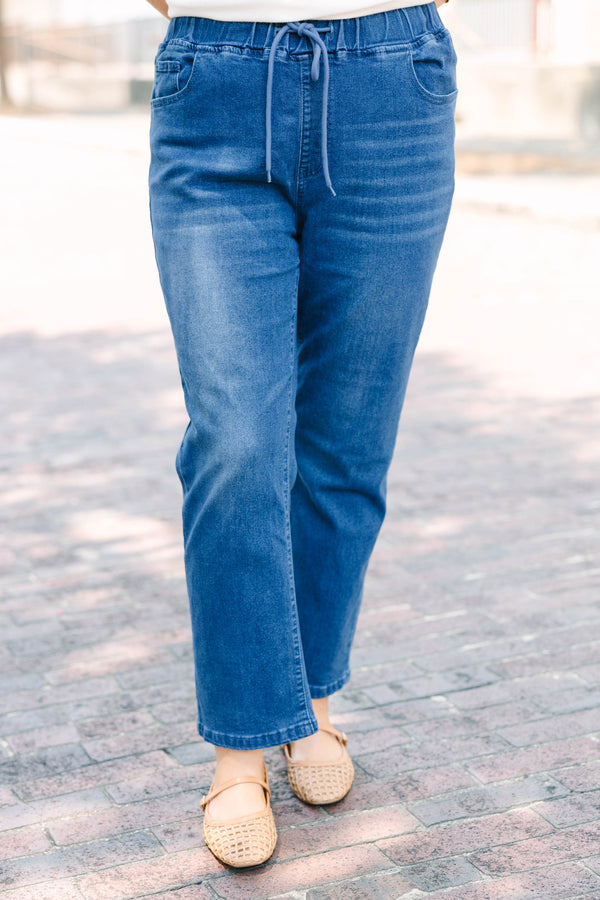 Plus Size dark wash straight-leg jeans with an elastic drawstring waistband.