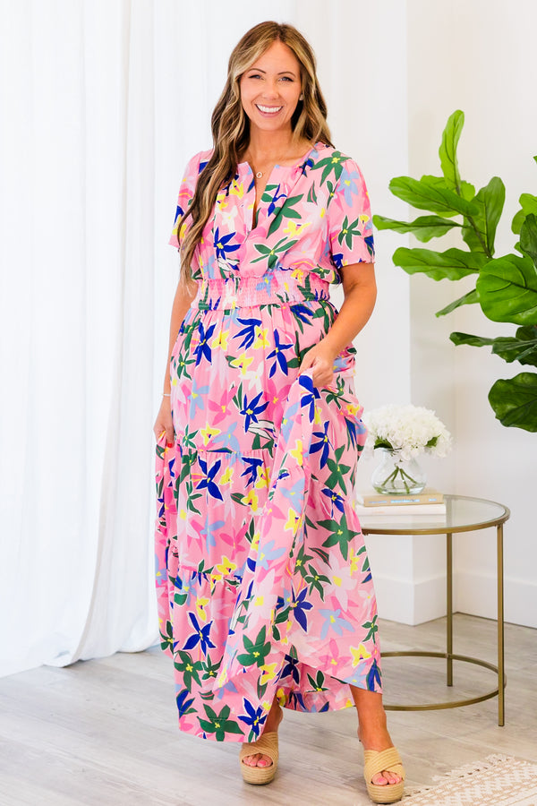 Chic Soul plus size clothing, pink flowy tiered maxi dress with multicolor floral pattern and a smocked waistband