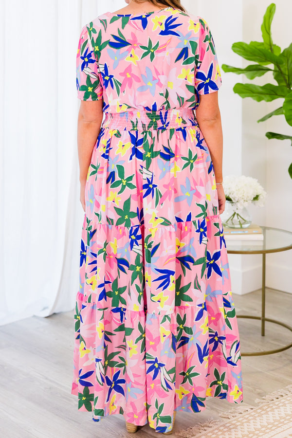 Chic Soul plus size clothing, pink flowy tiered maxi dress with multicolor floral pattern and a smocked waistband