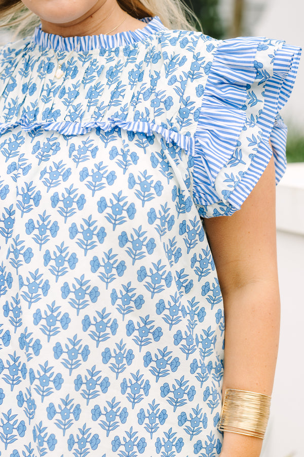 Chic Soul plus size clothing, blue block floral print flutter sleeve high neck ruffle top
