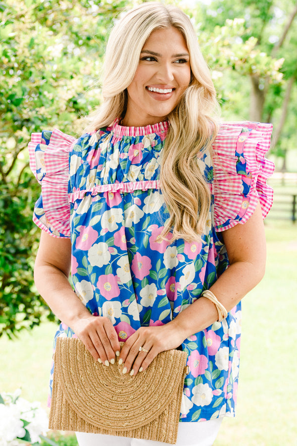 Chic Soul plus size clothing, dark blue blouse with white and light pink floral pattern and pink gingham flutter sleeve